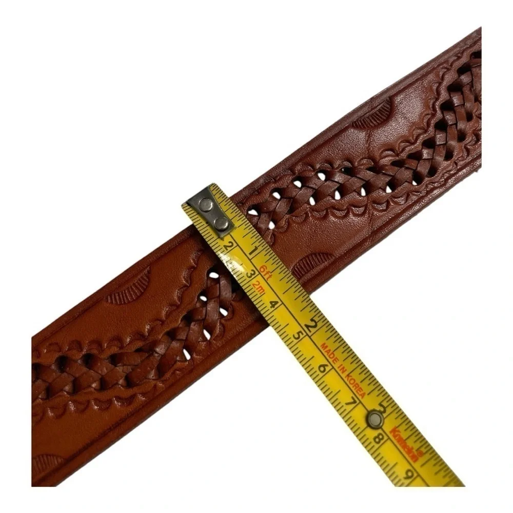 Vintage tan leather braided stitched belt with thick Gold tone belt buckle 44